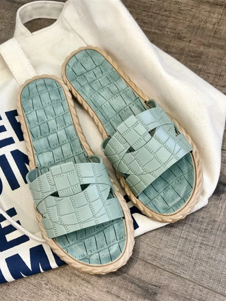 Women Fashion Outdoor Slippers Summer Slides Open Toe Flat Weave Leisure Sandal Female Korean Version Beach Flip Flops Big Size
