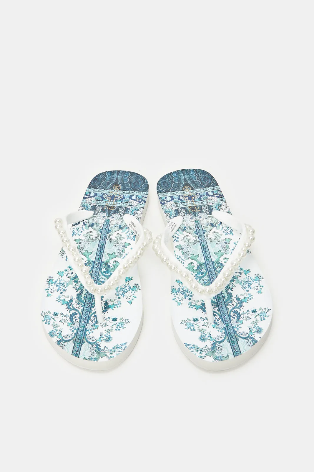Women White Pearl Trim Flip Flops