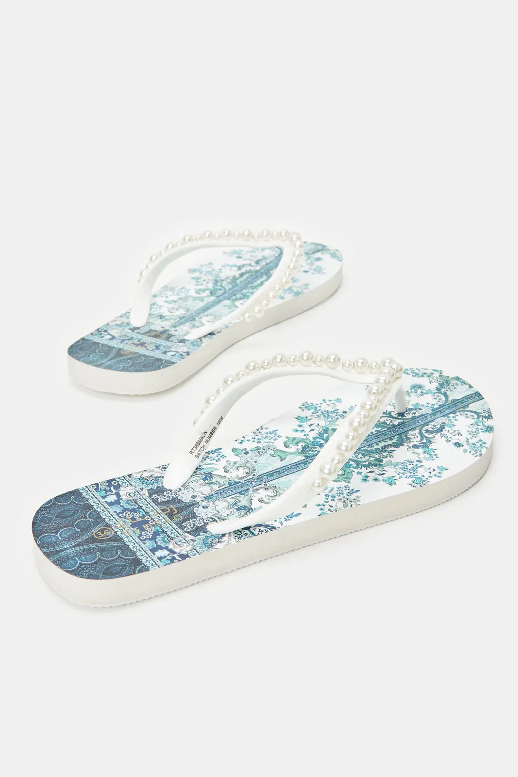 Women White Pearl Trim Flip Flops