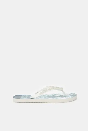 Women White Pearl Trim Flip Flops