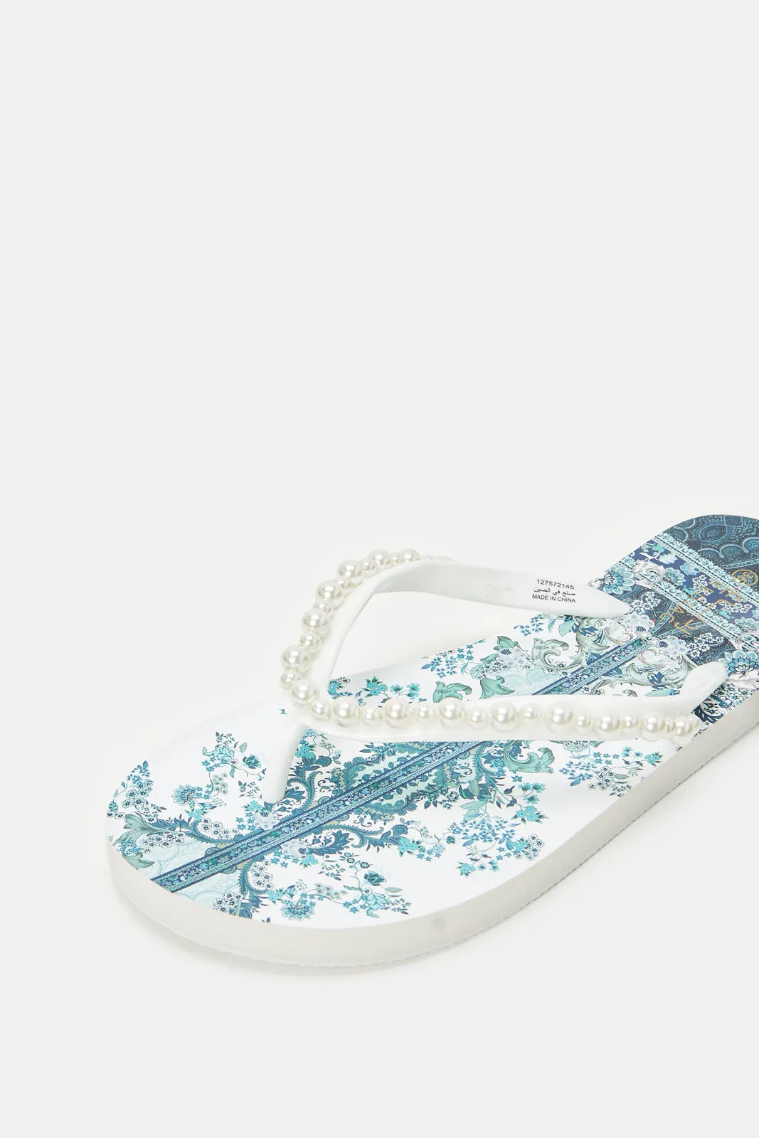 Women White Pearl Trim Flip Flops