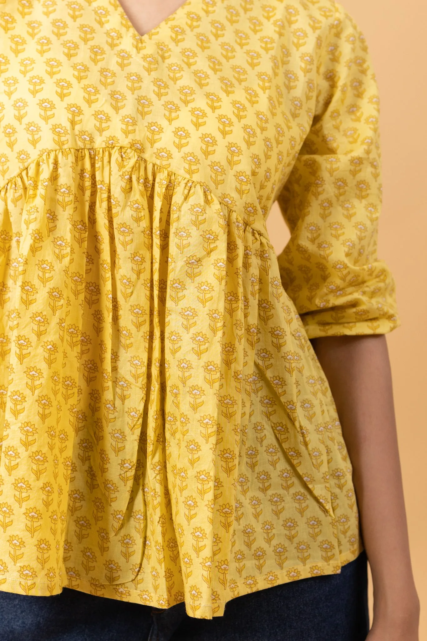 Yellow Buti 100% Cotton summer Short Kurti for Jeans -Peplum Top