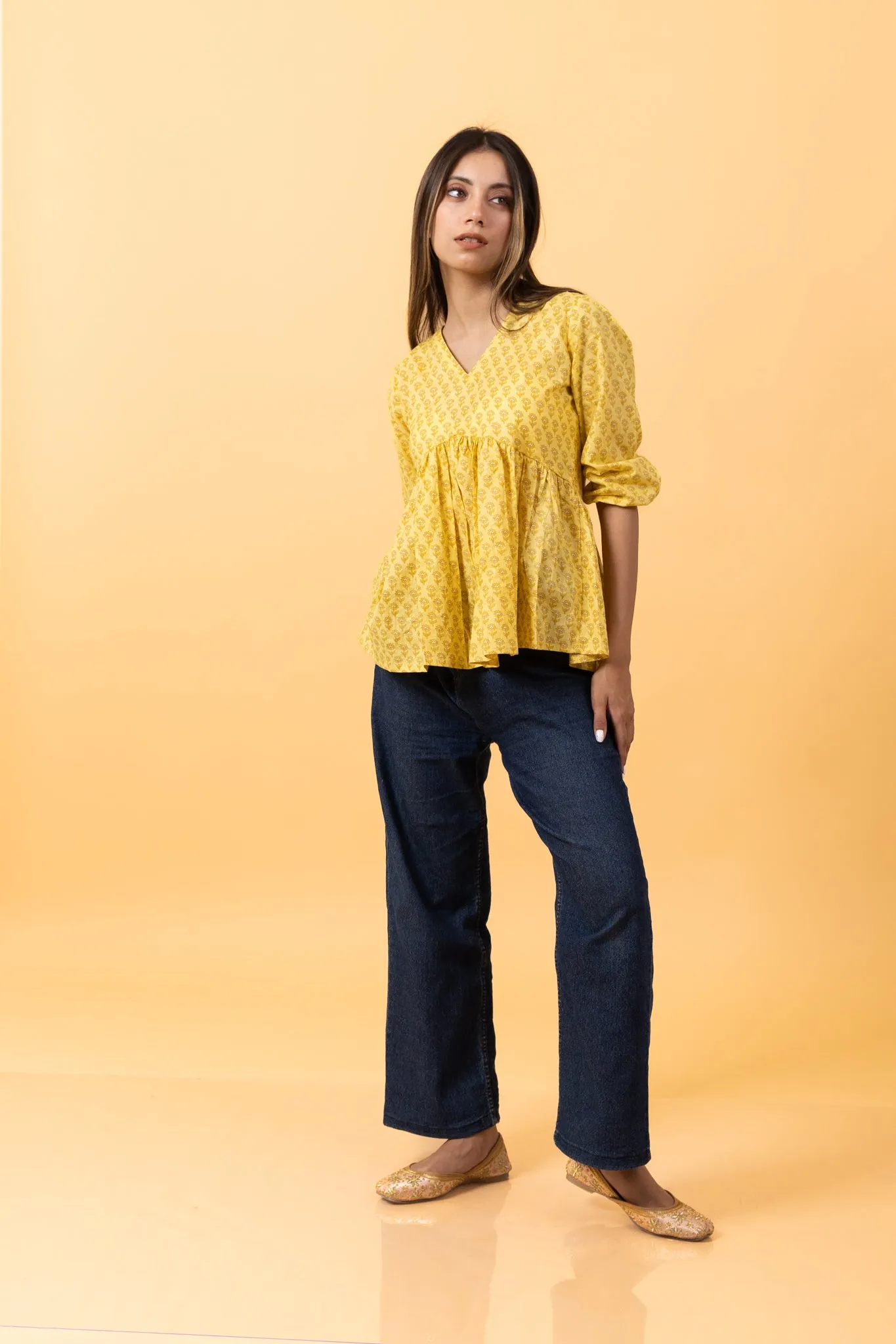 Yellow Buti 100% Cotton summer Short Kurti for Jeans -Peplum Top