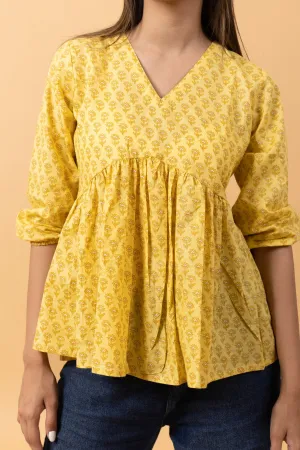 Yellow Buti 100% Cotton summer Short Kurti for Jeans -Peplum Top
