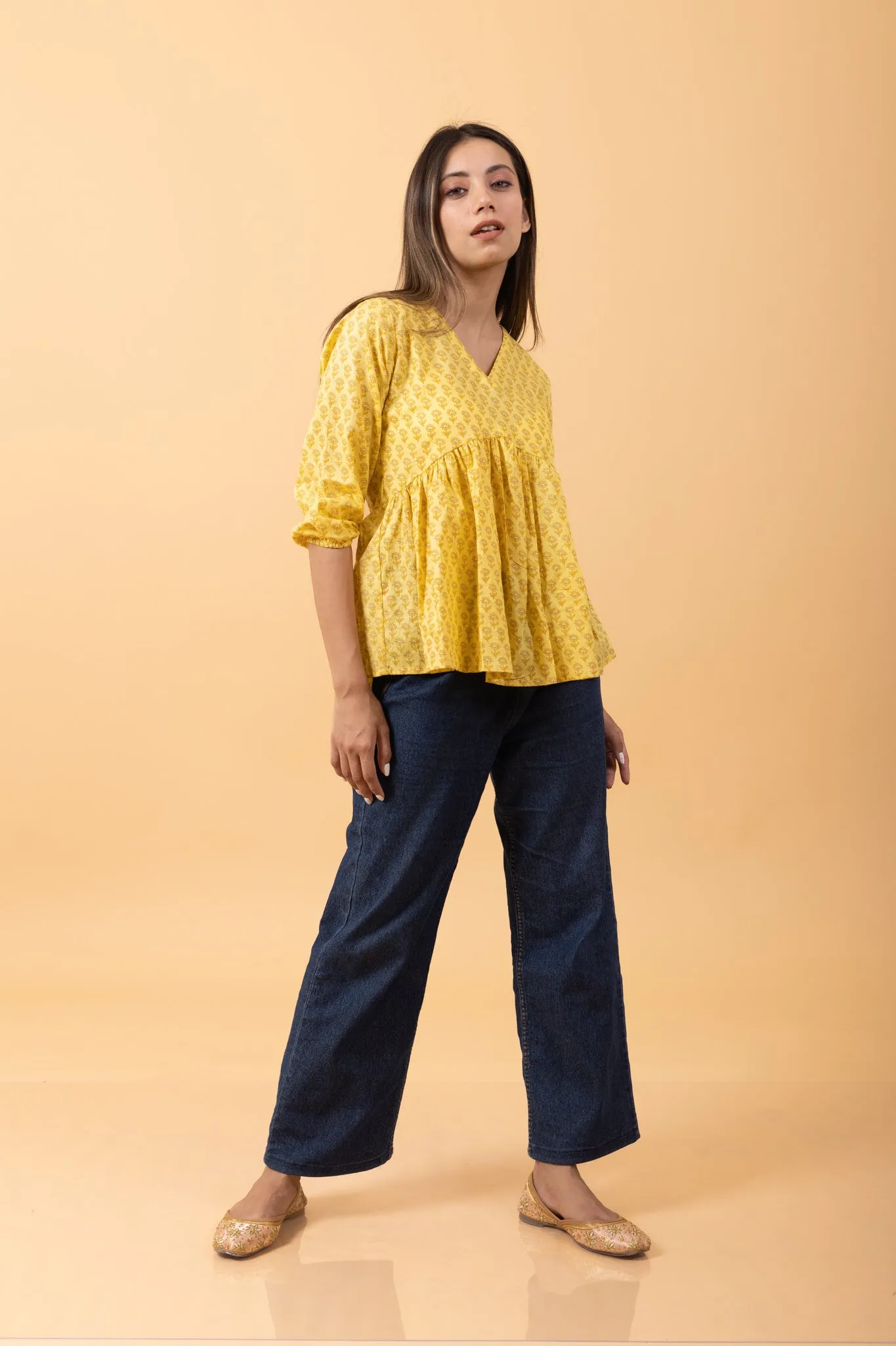 Yellow Buti 100% Cotton summer Short Kurti for Jeans -Peplum Top